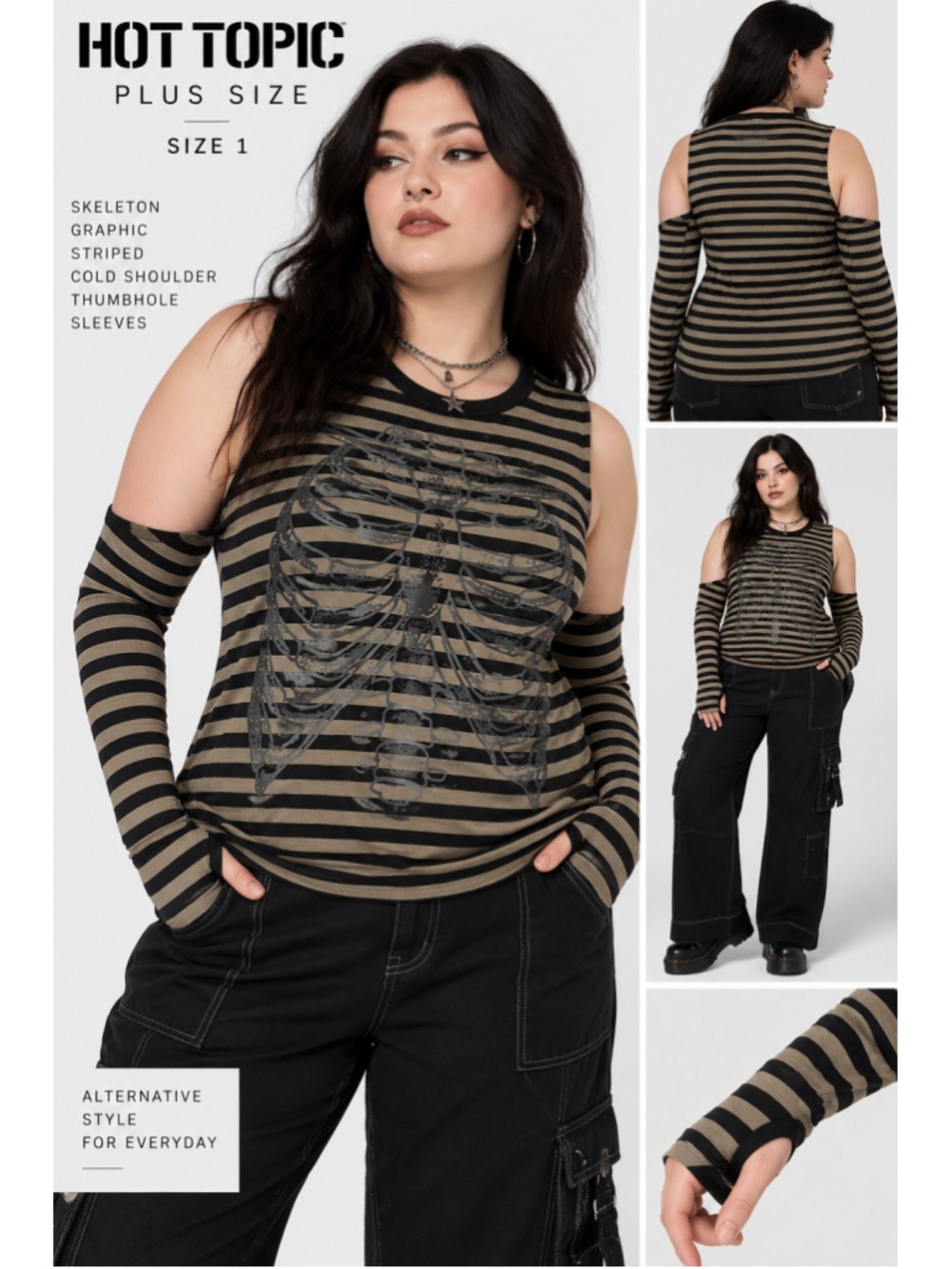 Hot Topic Plus Size 1 Skeleton Rib Cage Striped Cold Shoulder Gothic Top